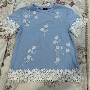 Blue Women Tee with White Floral Embroidery